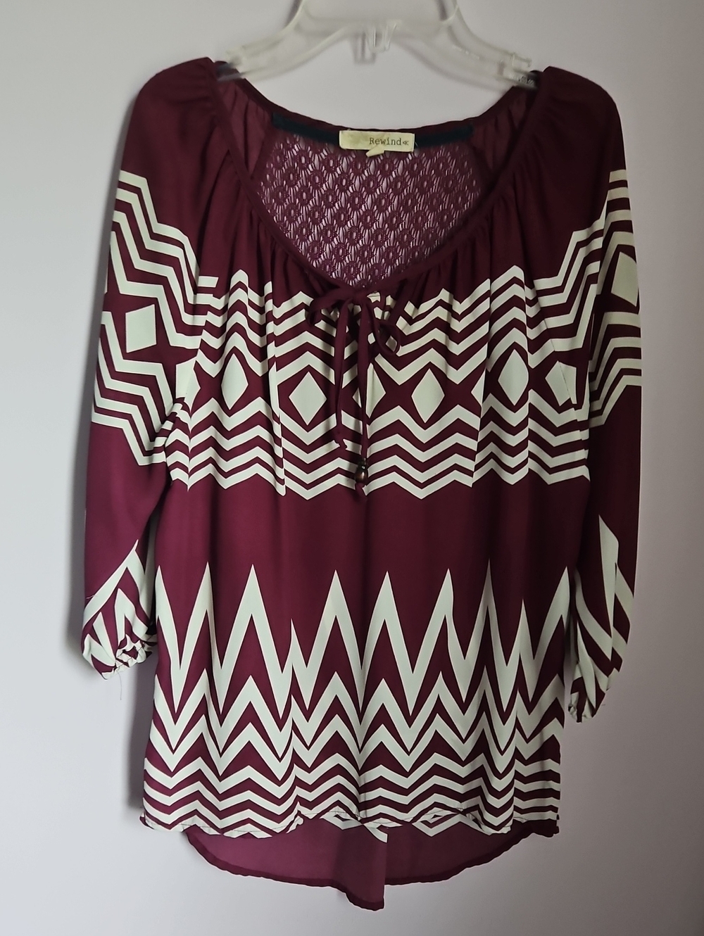 Rewind Burgundy & White Geometric Peasant Tunic